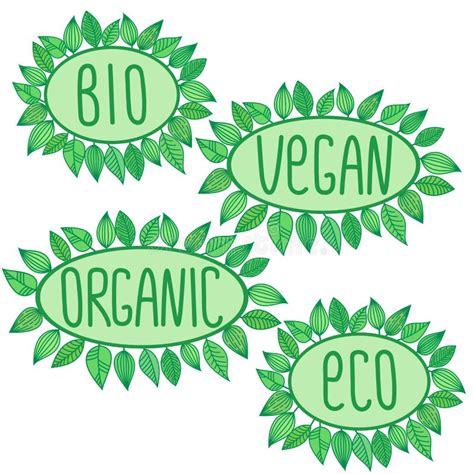 Eco Bio Organic Vegan Sign In Green Oval Badge With Leaves Around