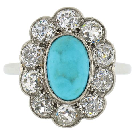 Antique Victorian Turquoise Diamond Ring Vintage 14 Karat Gold Mine Cut