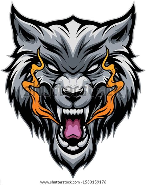 An Angry Wolfs Head With Orange Flames On Its Teeth And Fangs In The