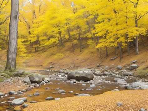 Premium Ai Image Autumn Creek Woods With Yellow Trees Foliage And
