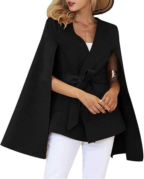 Womens Tie Waist Belted Cape Coat Wool Blend Poncho Cloak Coat Amazon