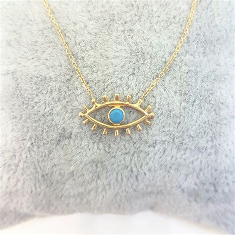 0.02 total white diamond carat weight. 14K Real Solid Gold Turquoise Evil Eye Pendant Necklace ...