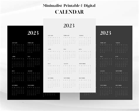 2023 Year Printable Calendar 2023 Year At A Glance Minimalist Digital
