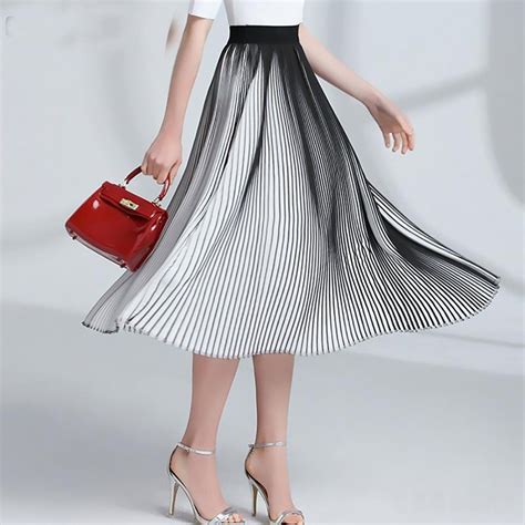 Womens Pleated Skirt Casual Chiffon Long Striped Elastic High Waist For Spring Black Skirt