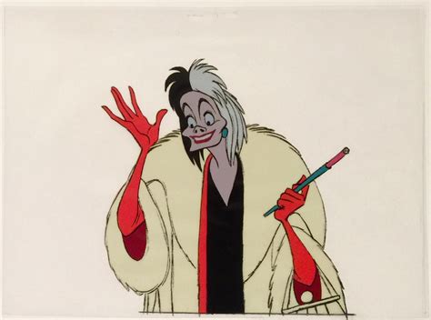 She constantly schemes to steal the dearly farm or get richer. Animation Collection: Original production cel of Cruella De Vil from "101 Dalmatians," 1961