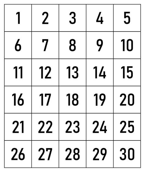 Printable Number Chart 1 30 In 2021 Printable Numbers Number Grid