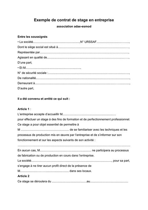 Exemple De Contrat De Stage En Entreprise Doc Pdf Page 1 Sur 2