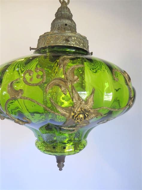 Vintage Hanging Swag Ceiling Light Fixture Lamp Green Glass Mid Century Modern Midcenturymodern
