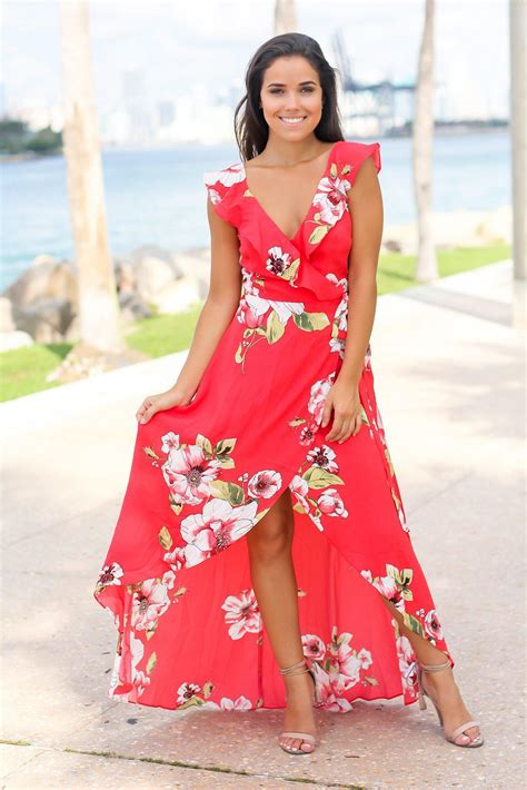 Red Floral Wrap Dress With Ruffles Wrap Dress Floral Dresses Red