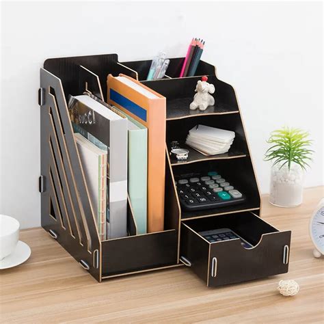 wooden desktop organizer bookshelf storage box with drawer folder shelf file rack desk organizer