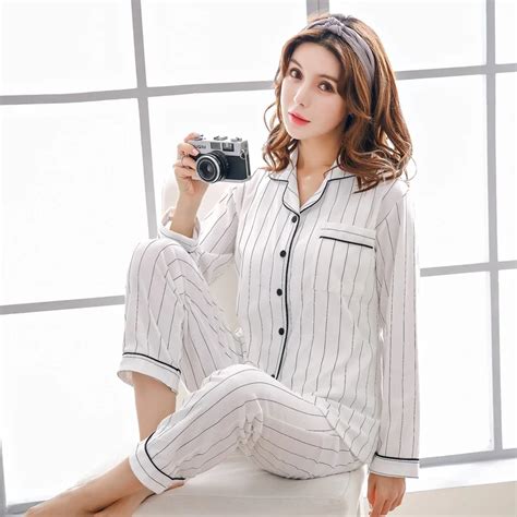 2019 Casual Cotton Pajamas Sets Women Long Sleeve White Striped