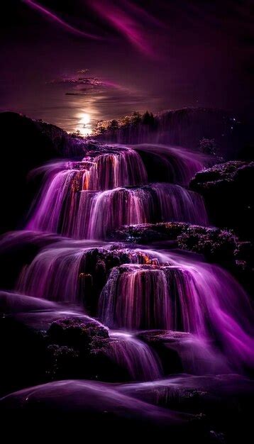 Premium Ai Image Purple Waterfall With A Full Moon In The Background