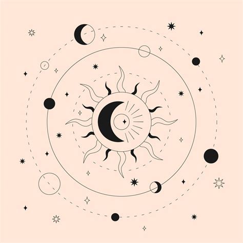 Illustration Of Celestial Sun And Moon With Stars And Planets Mystical