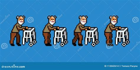 Elderly Man With Walker Pixel Art Style Walking Cycle Animation Vector Illustration