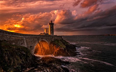 Nature Landscape Lighthouse Sunset Clouds Sea Bridge France Rock Coast