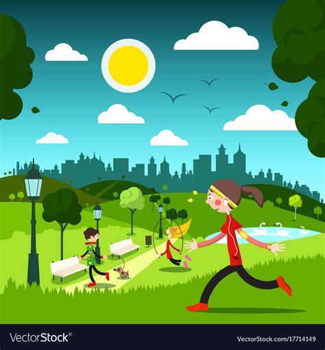 Sunny Day In City Park With People Royalty Free Vector Image