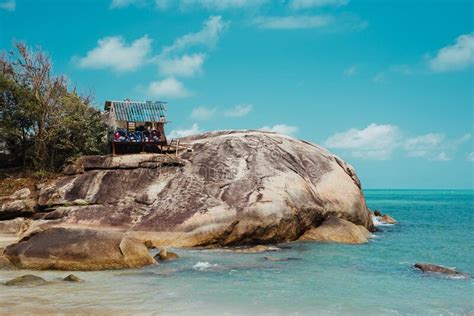 Secret Tropical Beach With Huge Rock And Abandoned Bungalow On Island