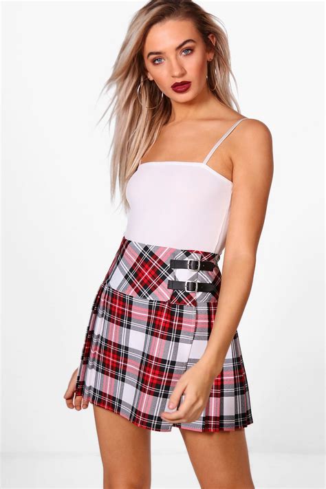 Buckle Detail Plaid Check Pleated Kilt Woven Skirt Girly Outfits