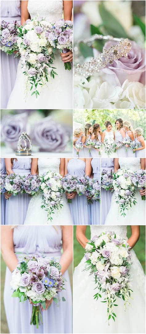 The bees are buzzing, the sun is shining and there is a bride. Purple bouquets. Lilac, lavender and white. Summer wedding bouquets. Lilac bridesmaid… (With ...