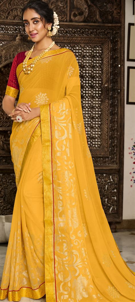 Casual Festive Party Wear Yellow Color Georgette Fabric Saree 1758354