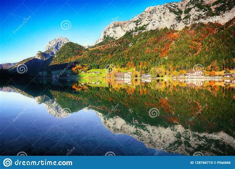 Fantastic Autumn Sunrise Of Hintersee Lake Mirror Reflection Stock