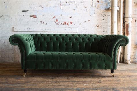 Beautifully crafted and still in ok condition considering its over 20 years old. HANDMADE 3 SEATER BOTTLE GREEN VELVET FABRIC CHESTERFIELD ...