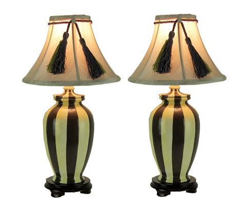 Vertical Striped Small Ceramic Table Lamp With Tassel Shade Set Of 2