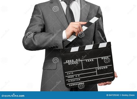 Man Wearing Tie And Costume Holding Clapper Board Stock Photo Image