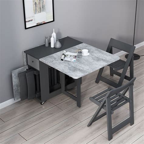 Gray Rectangle Wood Drop Leaf Folding Dining Table With Storage