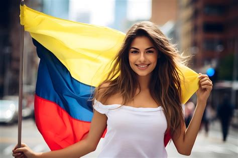Hermosa Mujer Colombiana Muestra Con Orgullo La Bandera Colombiana