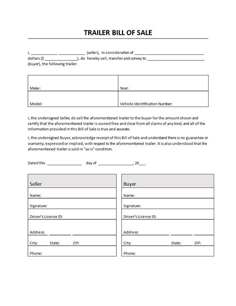 Free Trailer Bill Of Sale Form Pdf Printable Bill Of Sale Images And