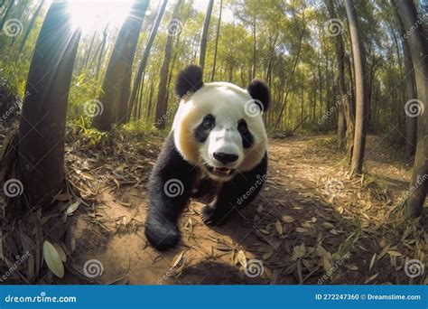 Adorable Panda Running Through A Forest Of Tall Bamboo Trees Stock
