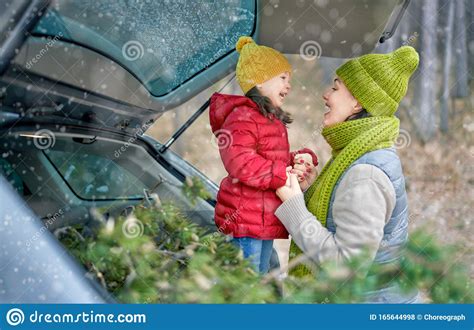 Mother Child And Car On Snowy Winter Nature Stock Photo Image Of
