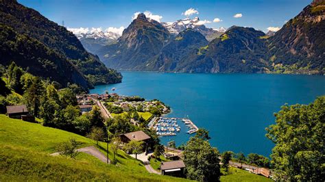 Village Near Alps Lake Around Mountain Panorama Switzerland Hd Travel