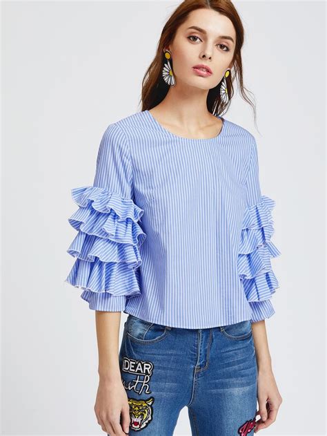 Shein Layered Ruffle Sleeve Pinstripe Top Blouses For Women Sleeves