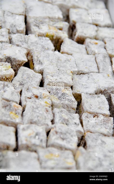 Turkish Delight With Pistachio And Powdered Sugar Carefully Packed