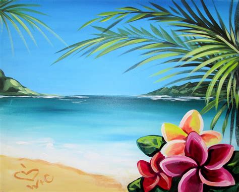 Aloha Hawaiian Beach With Plumeria Flowers Beginner Painting Idea