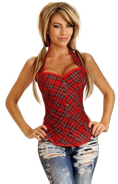 Sexy Schoolgirl Red Plaid Pattern Straps Corset And Bustiers Top Womens Halter Neck Overbust