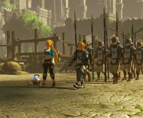Link And Hylian Soldiers Gaurd Zelda In A War Torn Village Legend Of