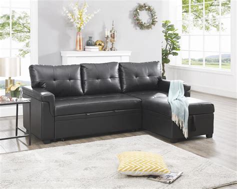 naomi home laura reversible sleeper sectional sofa storage chaise color black fabric air leather
