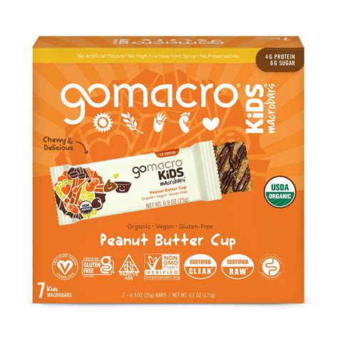 Gomacro Kids Macrobar Peanut Butter Cup Organic Vegan Snack Bars 7 Ct