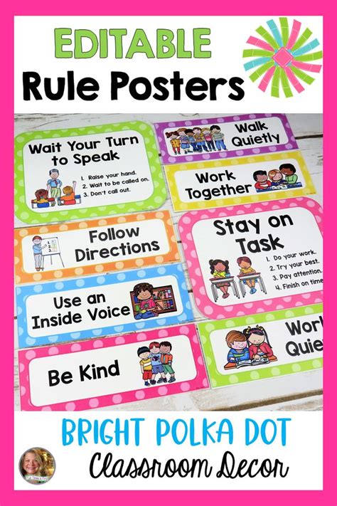 Classroom Rules Posters Editable Bright Polka Dot Décor Classroom