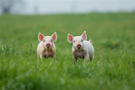 Premium Photo Two Pigs On A Green Meadow On A Farm Generative Ai