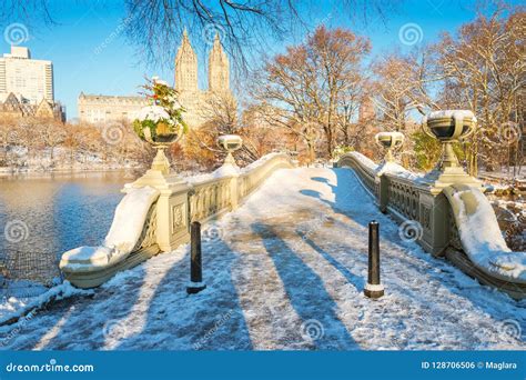 Central Park New York Usa In Winter Covered With Snow Bow Bridge