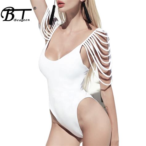 Beateensexy Deep V Backless Women Bandage Bodysuits Solid Spaghetti
