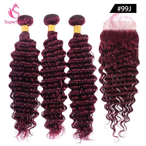 Deep Wave 99j Burgundy Hair Bundles With Closure Remy Brazilian Human Hair Weave Bundles With