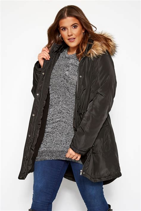 Black Fleece Lined Hooded Parka Plus Size 16 36 Yours Clothing