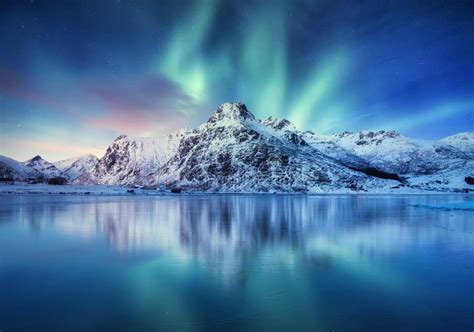 Aurora Borealis Lofoten Islands Norway Nothen Light Mountains And