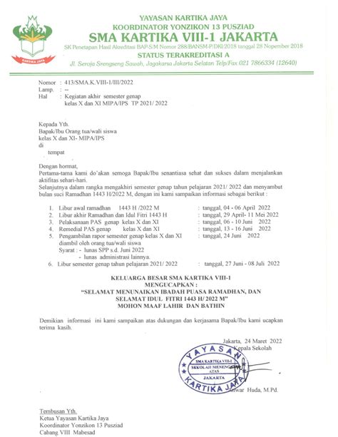 Pemberitahuan Libur Awal Ramadan Dan Kegiatan Akhir Semester Genap