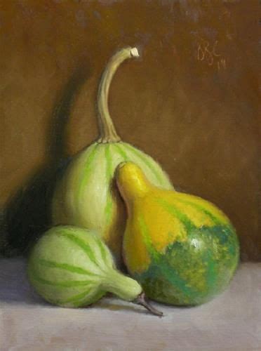 An Oil Painting Of Two Gourds And One Pear